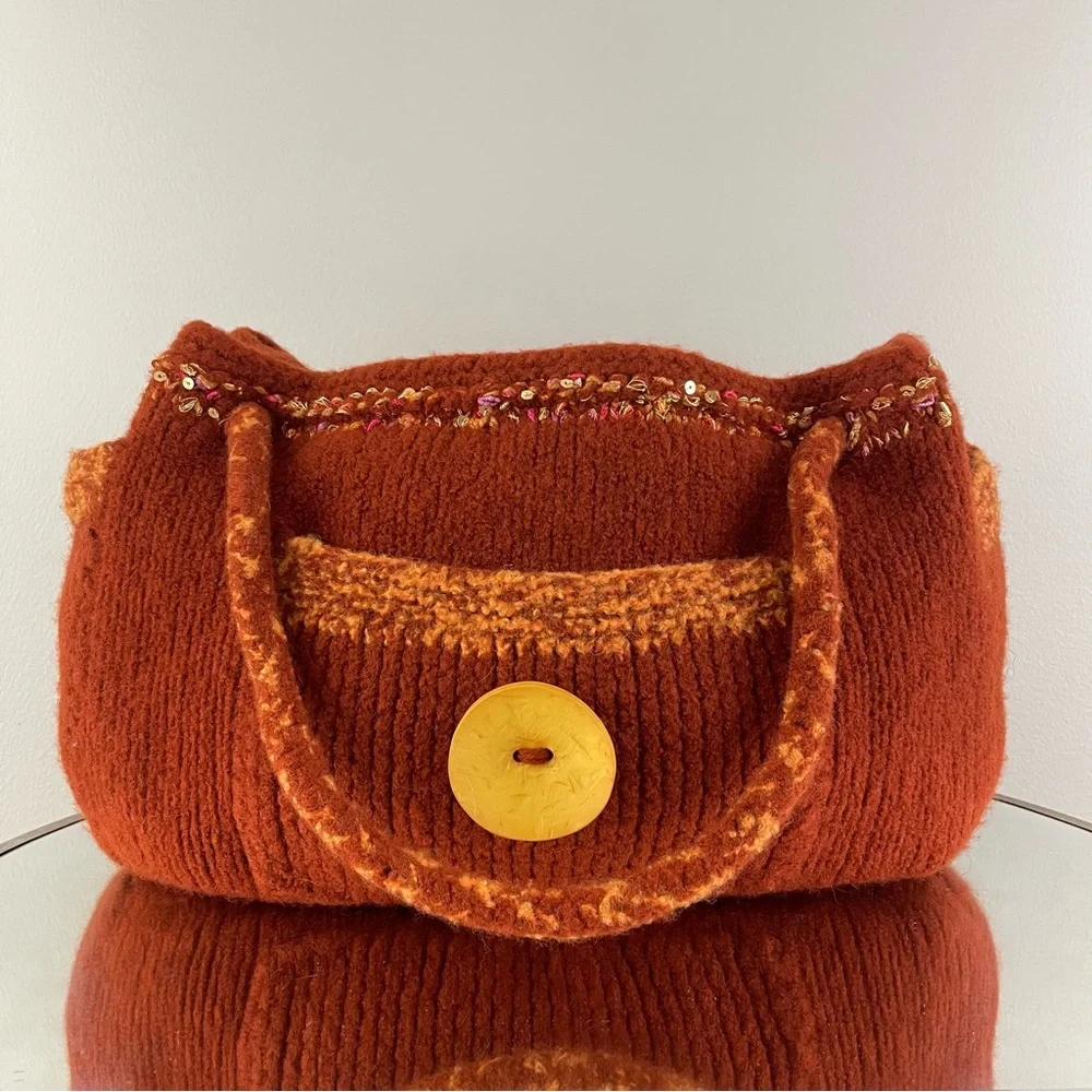 90s Burnt Orange Handmade Sequin Knit Felted Wool Slouchy Hobo Shoulder Bag Tote